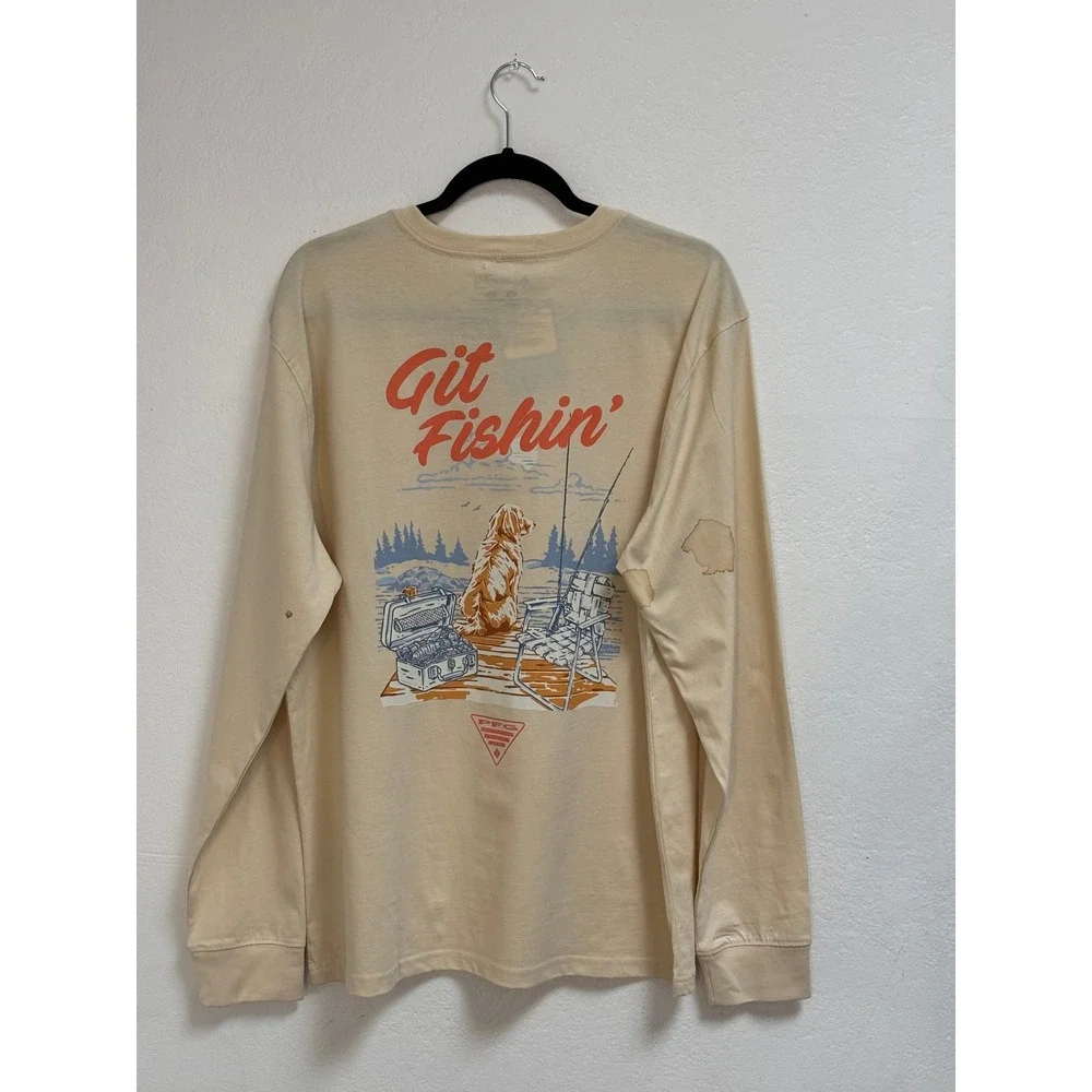 Columbia PFG Mens Large Beige Git Fishin Dog Graphic Long Sleeve T-Shirt‎ NWT